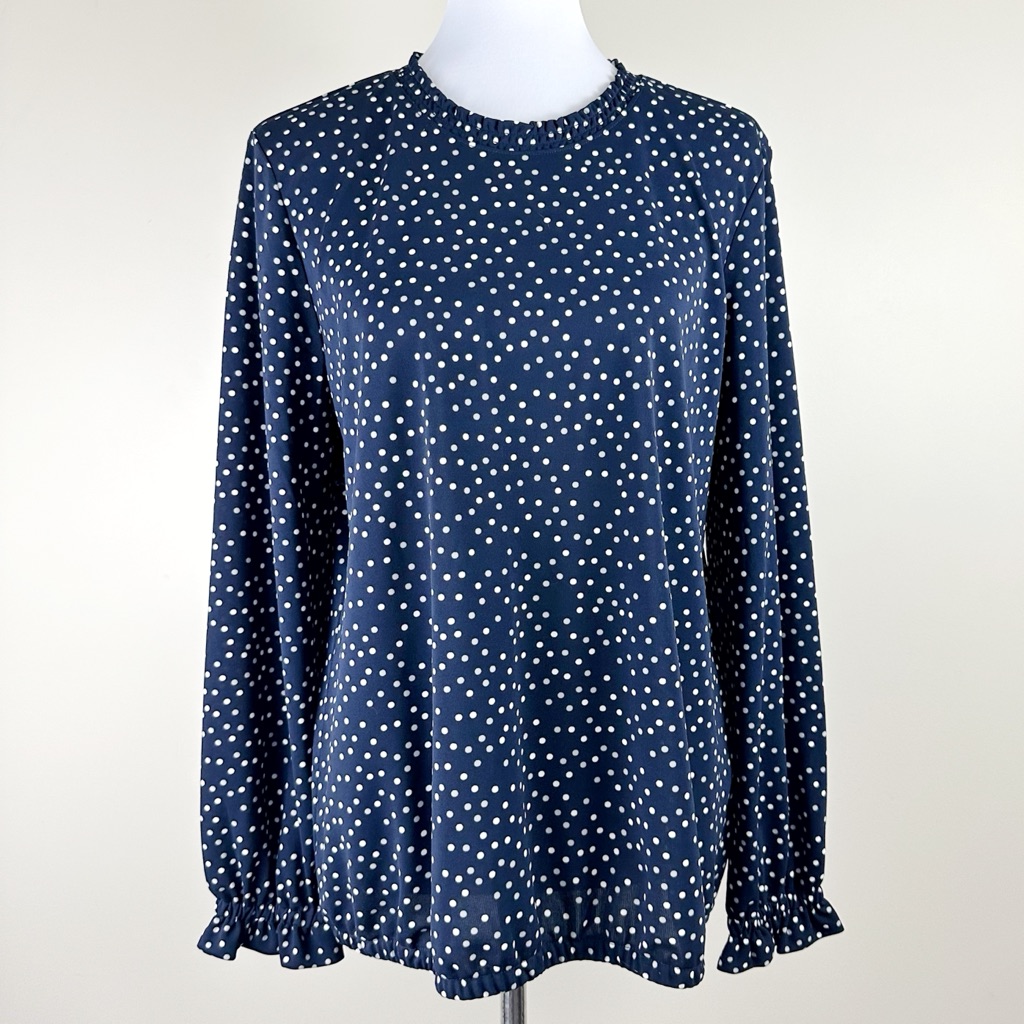 Ann Taylor Factory Ruffle Neck Top Large Navy Polka Dot Long Smocked Sleeve